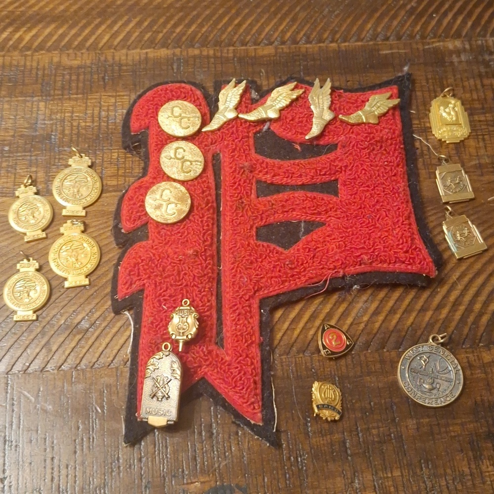 VINTAGE FROM 40'S OR 50'S VARSITY LETTER WITH TRACK AND FIELD AND MUSIC AWARDS